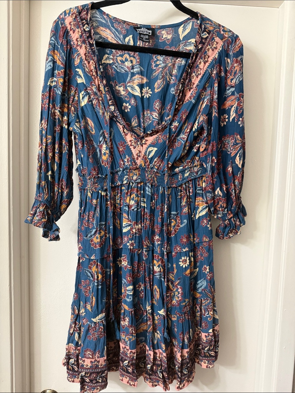 Angie Blue Floral V-Neck Long Sleeve Boho Dress